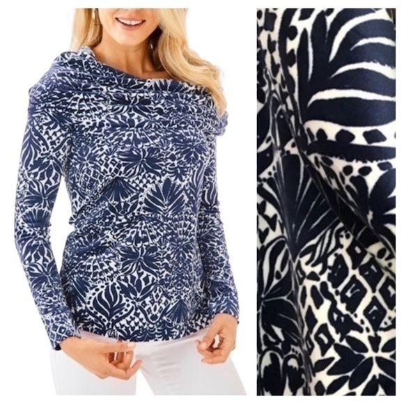Lilly Pulitzer Navy Blue White Velour Belinda Pullover By Land Or By Sea Print - Picture 1 of 16
